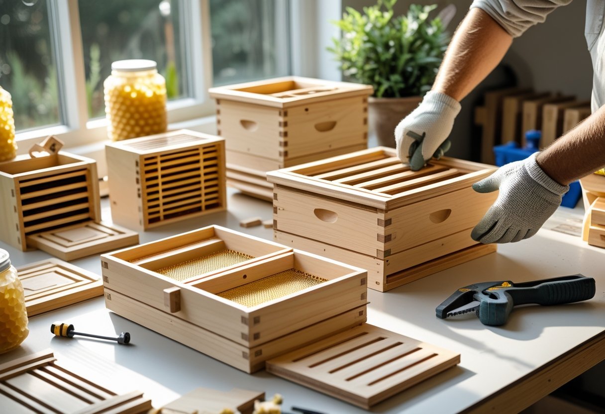 Hands assembling wooden beehive components on a workbench with tools and ventilation panels nearby.