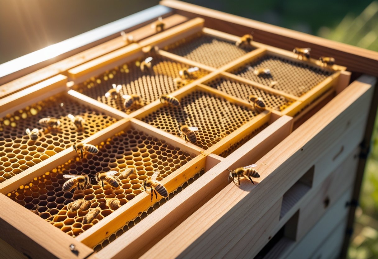 Close-up of beehive frames showing honeycomb cells with bees and small varroa mites inside a beehive.