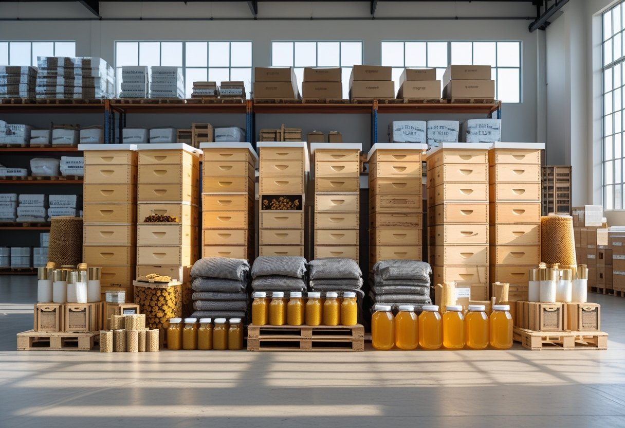 A warehouse filled with stacked beehive boxes, protective beekeeping gear, smokers, hive tools, and jars of honey arranged for bulk distribution.